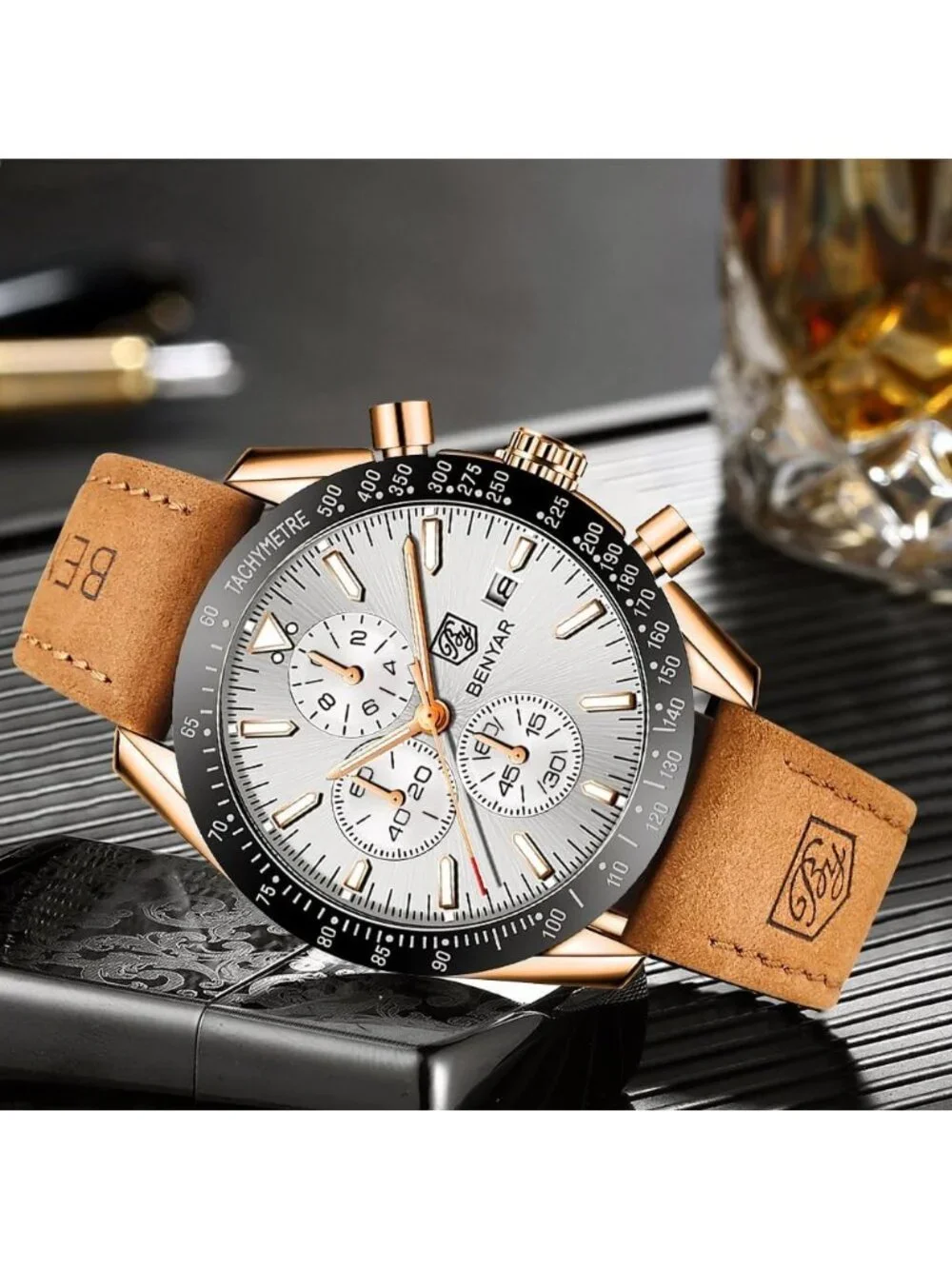 Men White Analog Brown Silicone Strap Chronograph Luminous Designer Casual Watch